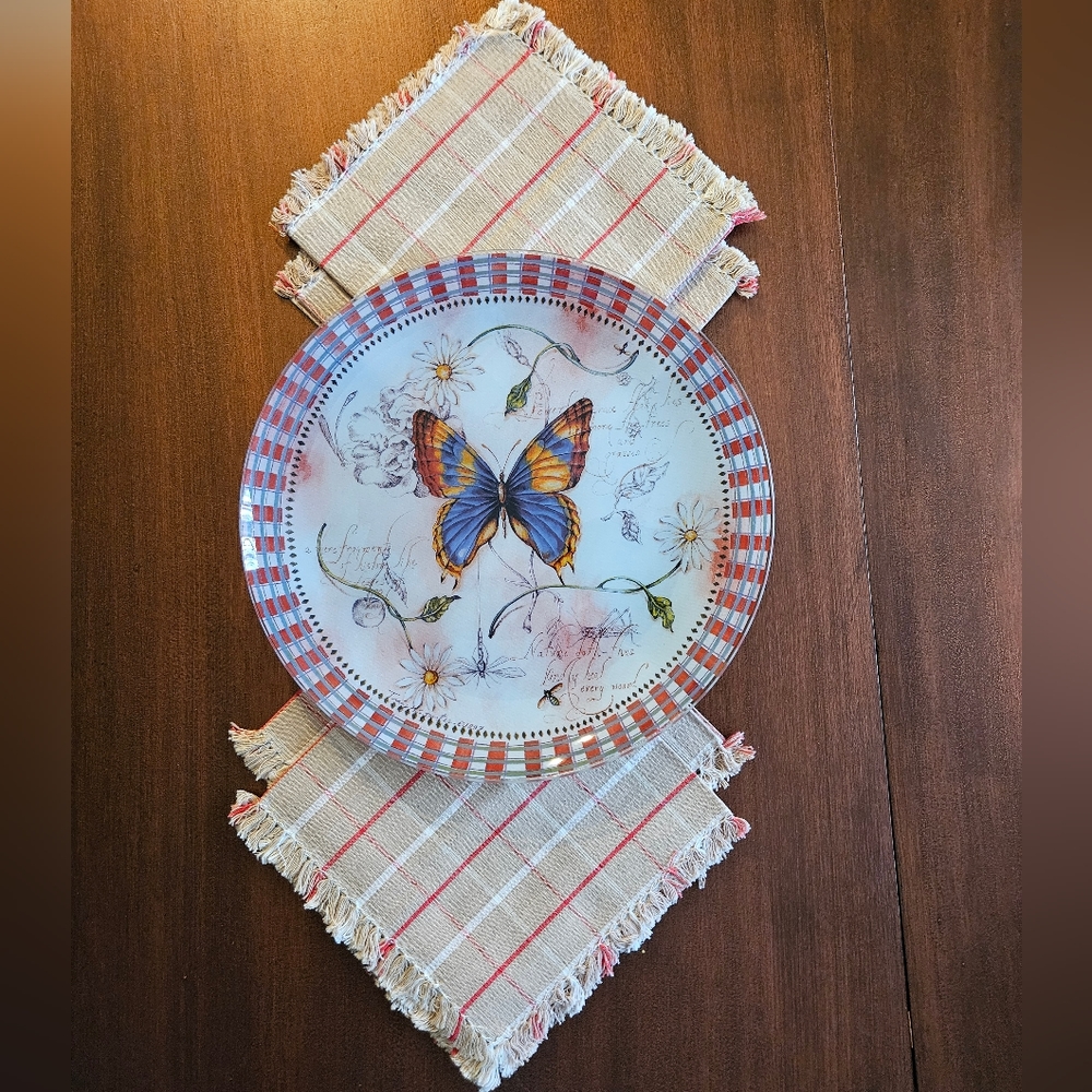 Set - Butterfly Serving Plate & Plaid Fringed Napkins